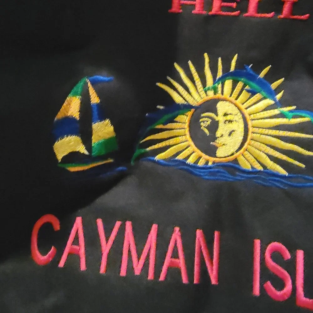 Cayman Islands Drawstring Backpack Black Canvas Embroidered Travel Souvenir Bag